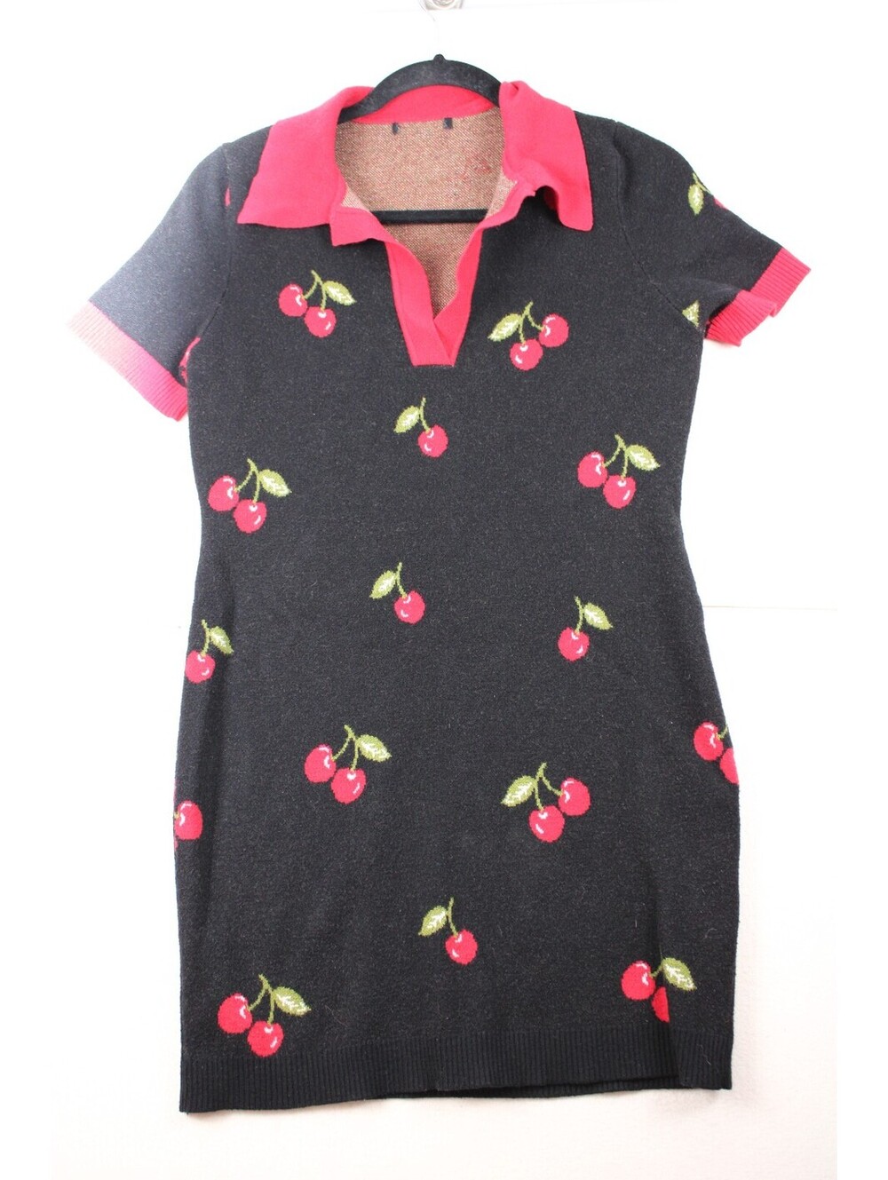 Forever 21 Y2K Style Cherry Print Knit Mini Dress Polo Neck Black/Red - S